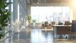 © Rayhanbp - Modern office space with city view, sunlight streaming through large windows.
