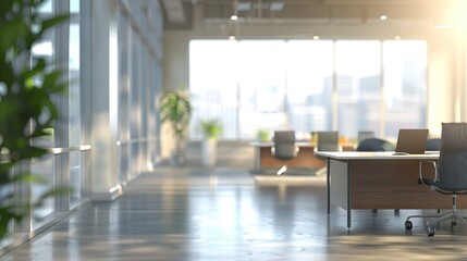 Poster - Modern office space with city view, sunlight streaming through large windows.