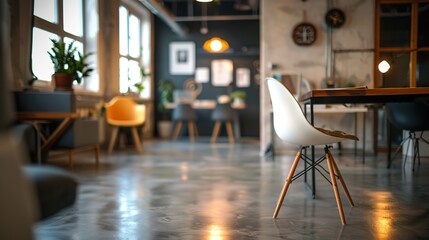 Poster - Modern office space with polished concrete floor and stylish chairs.