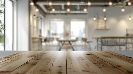 Poster - Wooden table in a bright, modern office space. Perfect for product displays or showcasing your brand.