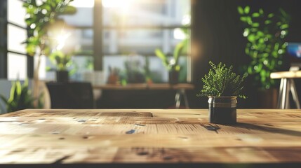 Poster - Wooden table with plant, sunlit office background