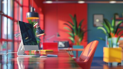 Poster - Modern office workspace with computer and vibrant decor.