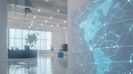Poster - Global network map in modern office setting.
