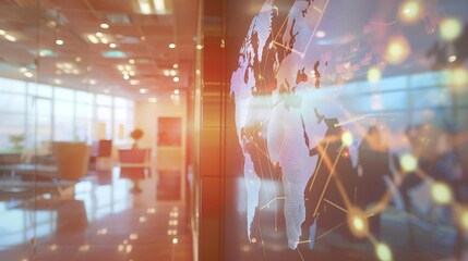 Poster - Global network concept. Modern office with world map.
