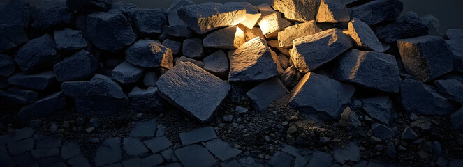 Poster - a brick pile full of old gray rocks at night, with the light shining down the side,