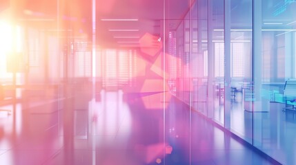 Poster - modern office interior with glass walls and sunlit hallway.