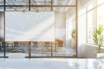 Poster - Blank whiteboard in modern office with sunlight streaming through large windows.