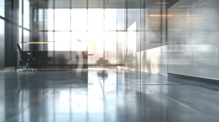 Poster - Modern office interior with glass partitions and city views.
