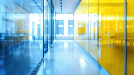 Poster - modern office hallway with blue and yellow glass walls.