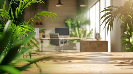 Poster - Wooden table in a bright, plant-filled office.