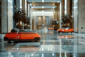 Poster - Automated cleaning robots in a modern building hallway.