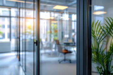 Poster - Modern office interior with glass partitions and sunlight.