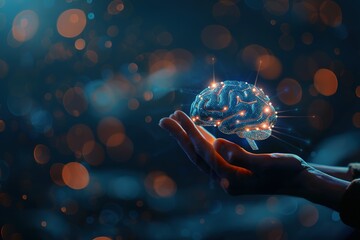 Poster - Human hands gently cradling a glowing digital brain.