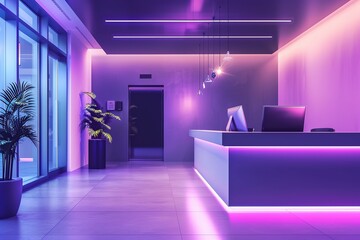 Poster - Modern reception area with vibrant purple lighting and sleek design.