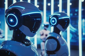 Poster - Futuristic robots standing in a bright blue-lit room.