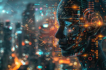 Poster - AI face, futuristic city backdrop. Digital art.