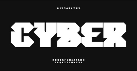 Leinwandbilder - Cyber tech typeface, futuristic block letters, digital display font for tech branding, gaming interface, sci-fi headlines, contemporary digital design. Vector typeset.