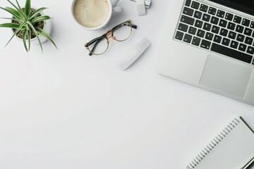 Poster - Clean workspace with laptop, coffee, and plant.