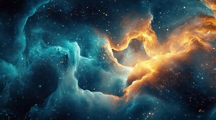 Poster - abstract concept depicting the integration of big data and technology with swirling algorithms and digital elements representing innovation and connectivity