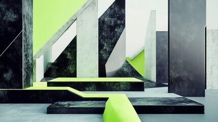 Poster - Abstract geometric stage with neon green and black shapes