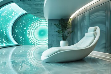 Poster - Futuristic lounge chair in a modern, teal-toned room with a circular window.