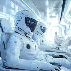 Poster - astronauts in futuristic spacecraft, ready for launch.