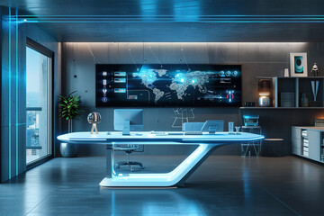 Poster - Futuristic office with interactive world map display and sleek desk.