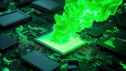 Poster - a vibrant, futuristic circuit board with a glowing green smoke emanating from a central processor, s
