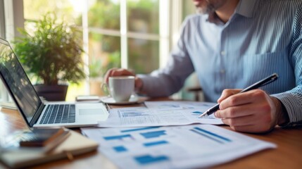 a business owner conducting an online meeting via video call, surrounded by documents and a cup of c