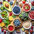 © jmdesigns608 - Colorful Health Food Ingredients Flat-Lay with Fruits, Vegetables, and Nuts on a White Background
