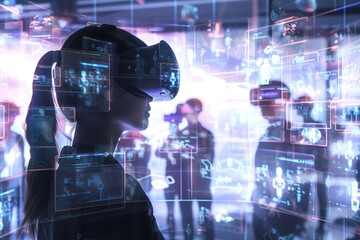 Poster - Woman exploring virtual reality with headset, futuristic interface.