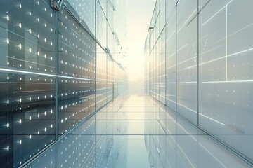 Poster - Modern glass corridor with illuminated panels. Futuristic architecture.