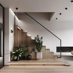 Poster - Modern staircase with wooden steps and glass railing, plants adding a touch of nature.