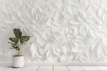 Poster - Modern minimalist room decor with white leaf wall and plant