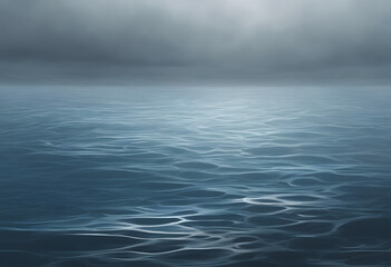 Wall Mural - Calm blue sea surface with gentle ripples, surrounded by grey mist and dim lighting.