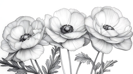 Canvas Print - Monochrome drawing of three anemone flowers with detailed petals and leaves.