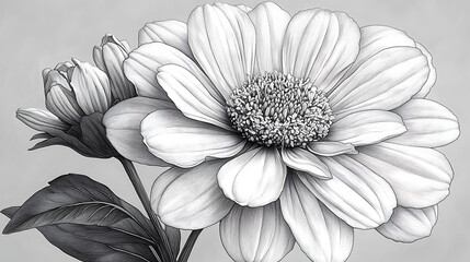 Canvas Print - Monochrome close-up of a blooming flower and bud, detailed petals and leaves.