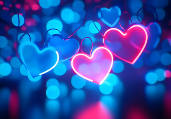 Wall Mural - light neon bokeh valentine background blue hearts high resolution high details vibrant
