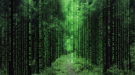 Poster - Digital binary code transforming into chain links in a lush forest setting during daylight