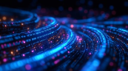 Poster - Futuristic digital communication with glowing data cables and binary code in an abstract dark setting