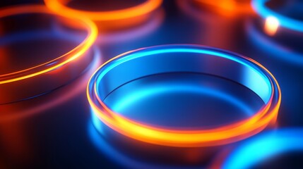 Poster - Abstract digital technology background with glowing blue and orange circular designs in a futuristic setting
