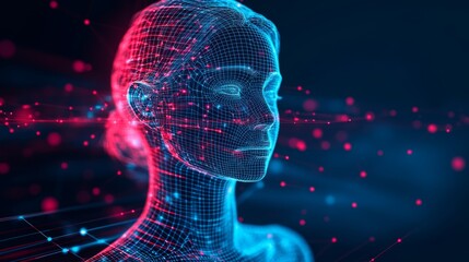Poster - Futuristic 3D startup icon with monochromatic wireframe design and AI neural network background in a sharp focus setting