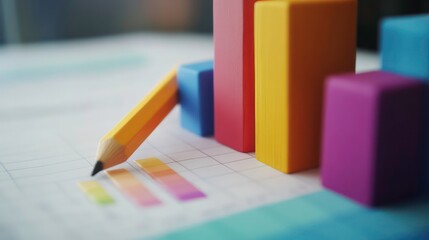 Poster - Colorful wooden blocks forming a bar graph next to a pencil on a financial report.