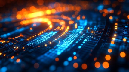 Poster - Futuristic digital backdrop with glowing blue and orange lights and circular shapes in high resolution