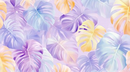 Poster - Colorful pastel monstera leaves on soft lilac background