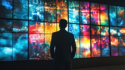 Poster - man in suit observing a large vibrant video wall displaying colorful abstract imagery and cityscapes