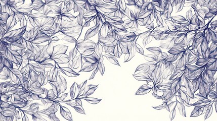 Wall Mural - detailed pencil sketch of lush foliage, leaves, and branches on a white background.