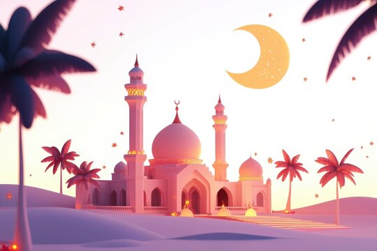 3D Eid Moonlit Garland Isolated and White Background