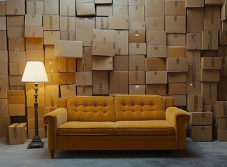 Cabinet of brown cardboard boxes in an empty living room, moving house concept with a sofa and lamp, new apartment interior decor 