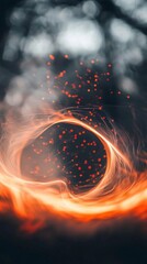Poster - Captivating plasma ball radiating vibrant orange and red sparkles, creating abstract shapes against a dreamy, blurry background enhanced by a mesmerizing bokeh effect